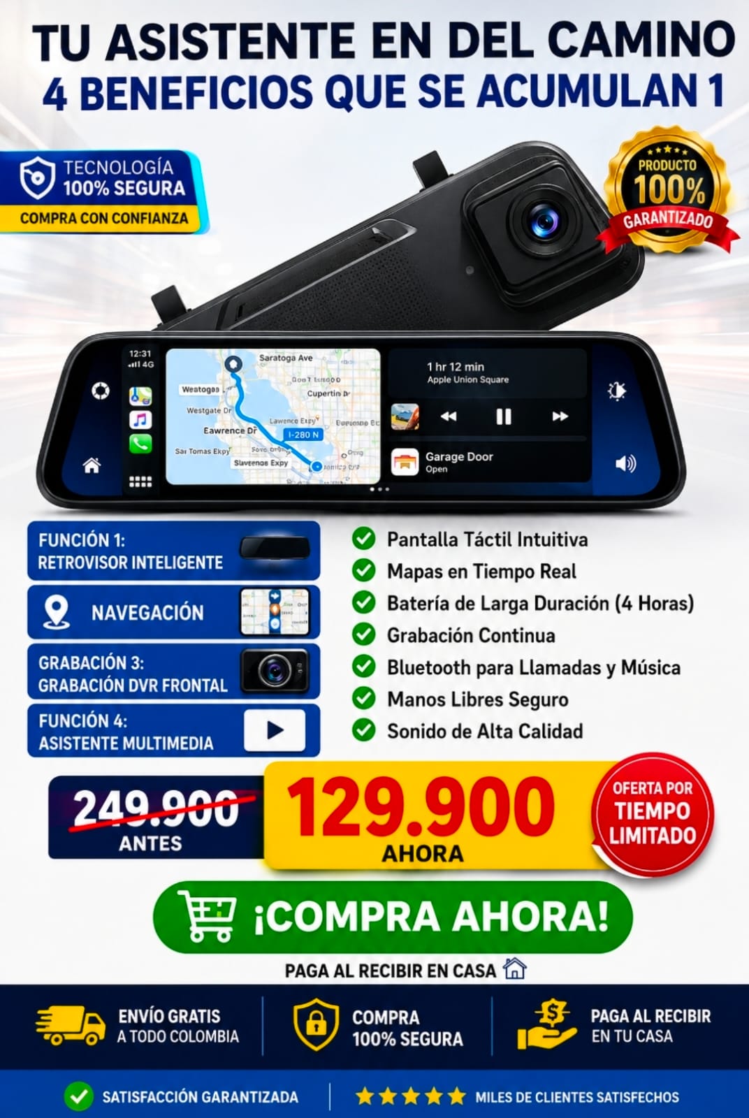 Espejo Retrovisor Camara Dvr Hd Delanter