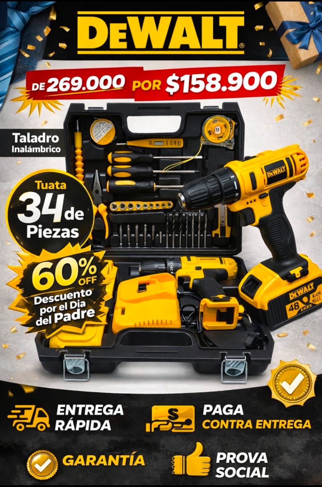 Taladro Inalambrico 48V + 2 Baterias  Con 34 Accesorios DeWalt