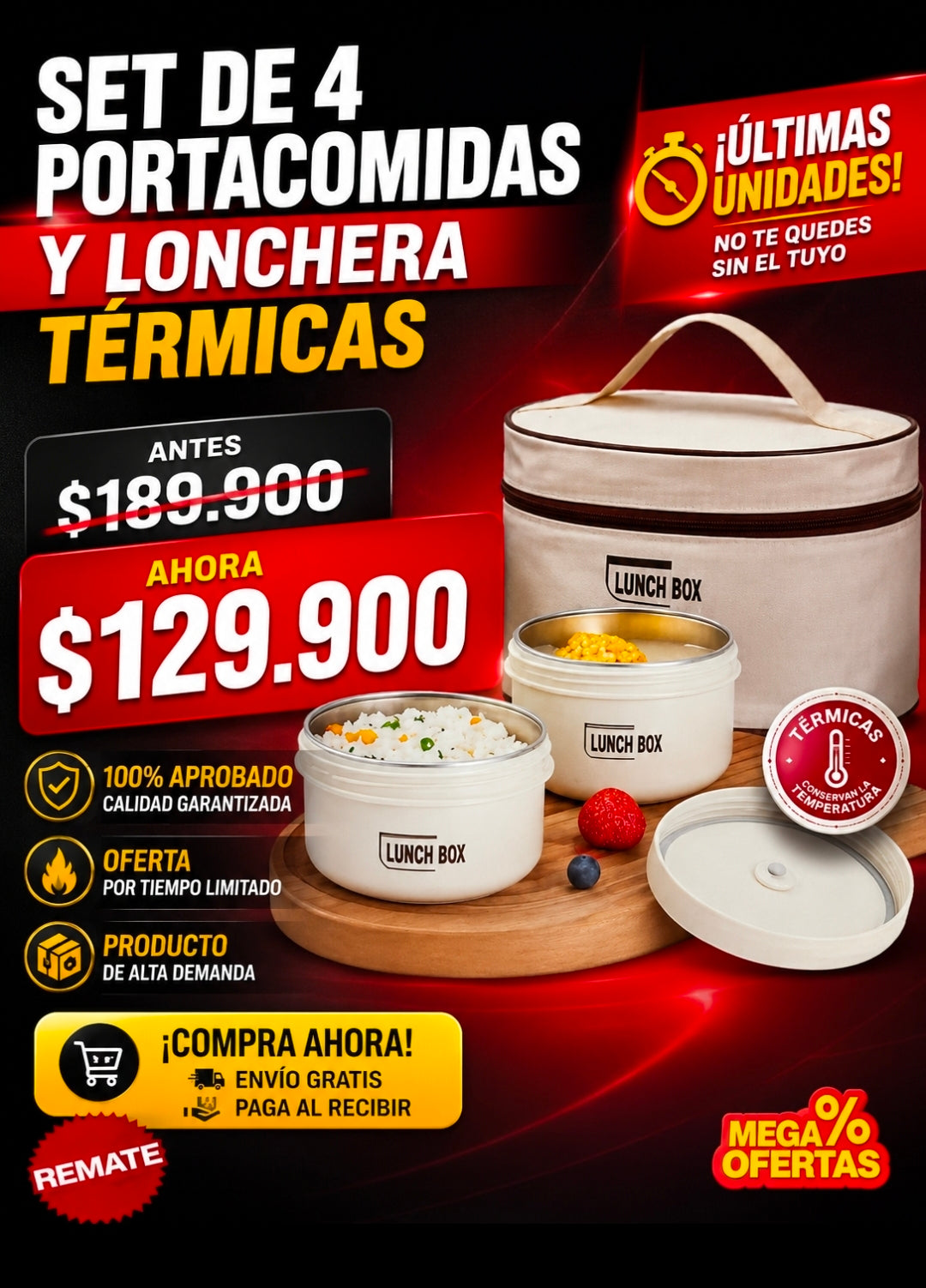 [GRAN LIQUIDACIÓN DE FIM STOCK] Portacomidas y Lonchera Térmica - Set x4 🔥