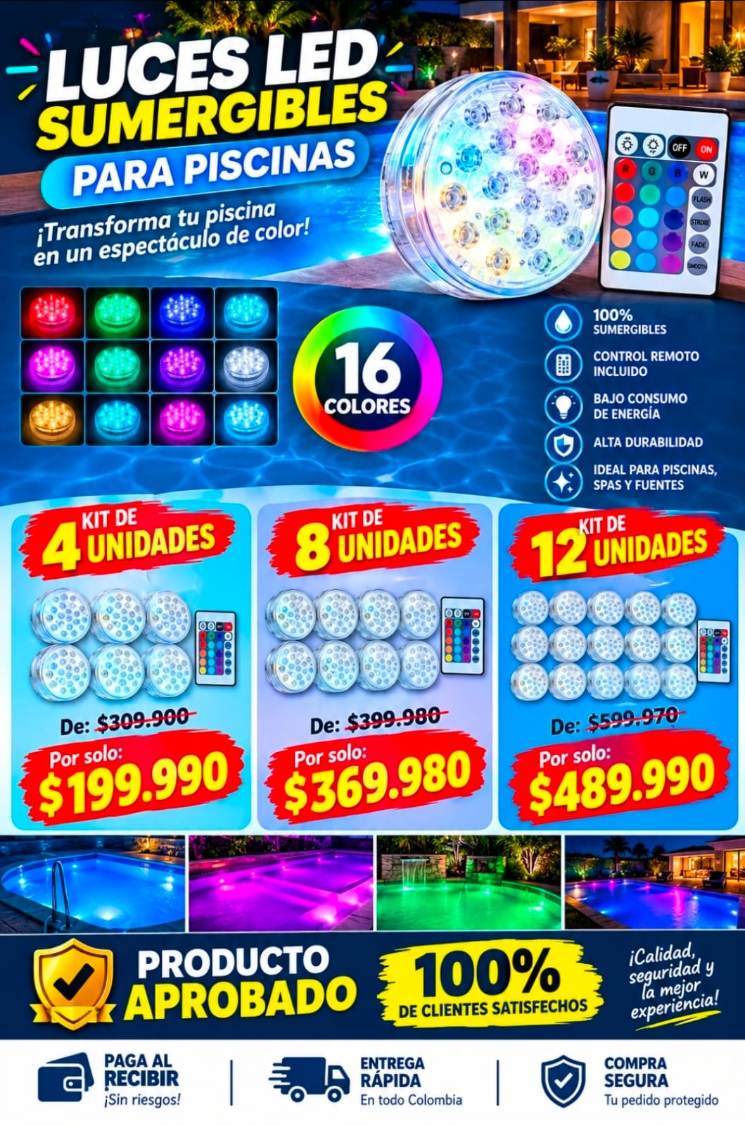 PROMO - LIQUIDACIÓN DE STOCK - Kit 4 UN de iluminación RGB para piscinas - até 60%OFF  Inalámbrico con control remoto - Pocas unidades